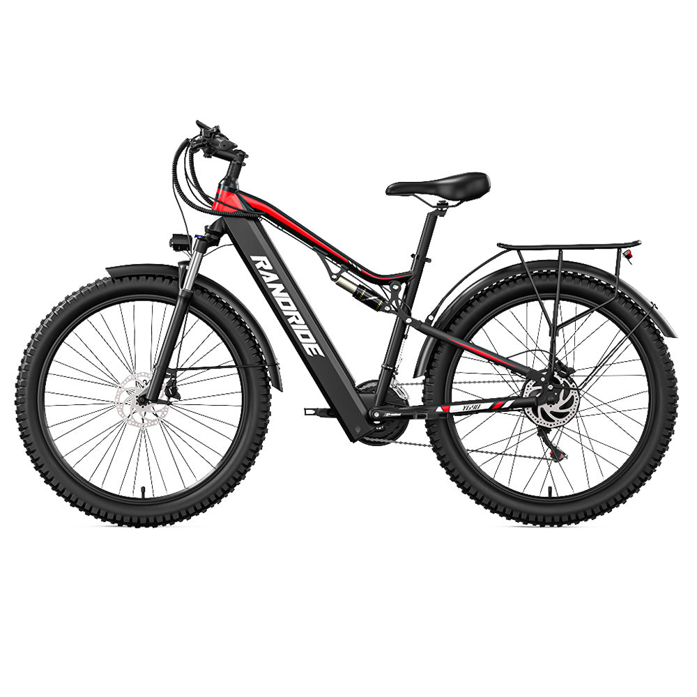 RANDRIDE YG90B Electric Bike 1000W Motor 45km/h Max Speed 48V 17Ah Removable battery 80-90KM Max Range 27.5*2.4&#39;&#39; CST Tires 120kg Load Shimano 21 Gears Hydraulic brake - Black &amp; Red
