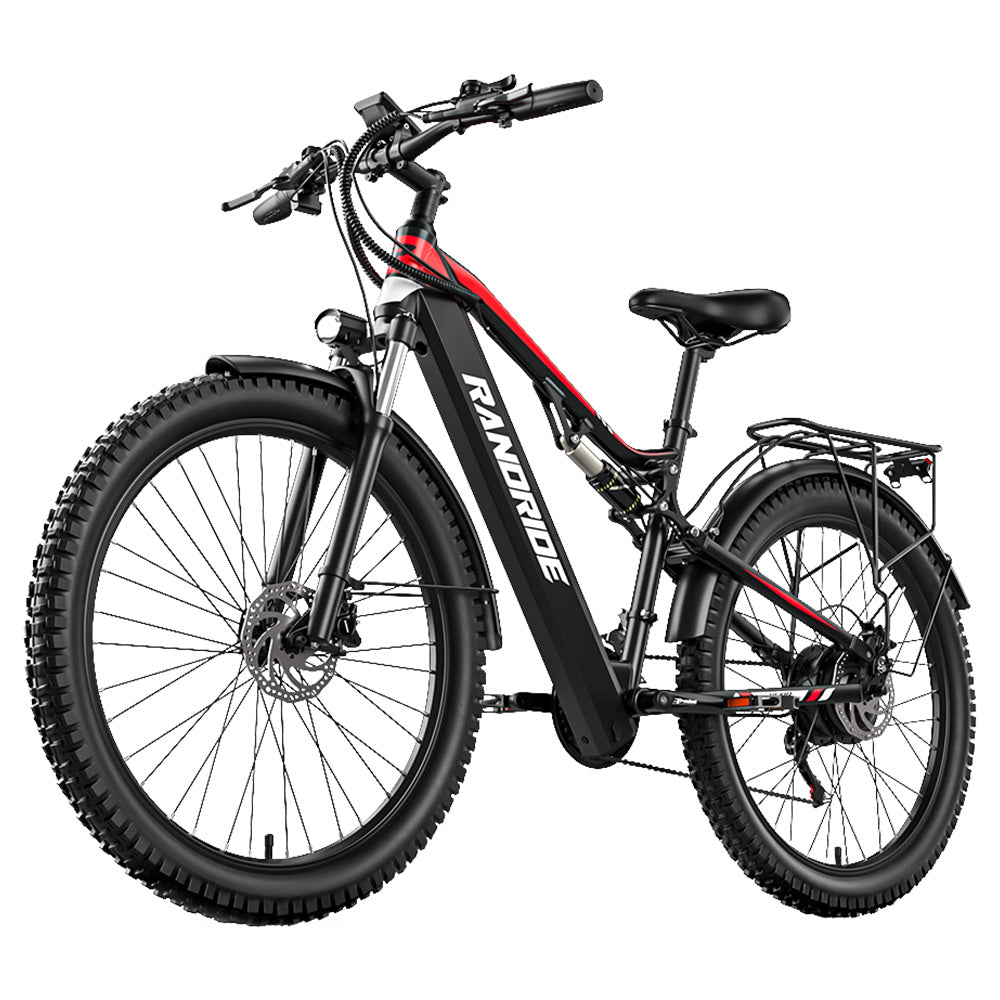 RANDRIDE YG90B Electric Bike 1000W Motor 45km/h Max Speed 48V 17Ah Removable battery 80-90KM Max Range 27.5*2.4&#39;&#39; CST Tires 120kg Load Shimano 21 Gears Hydraulic brake - Black &amp; Red