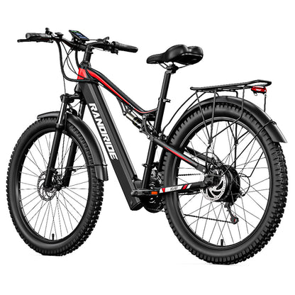 RANDRIDE YG90B Electric Bike 1000W Motor 45km/h Max Speed 48V 17Ah Removable battery 80-90KM Max Range 27.5*2.4&#39;&#39; CST Tires 120kg Load Shimano 21 Gears Hydraulic brake - Black &amp; Red