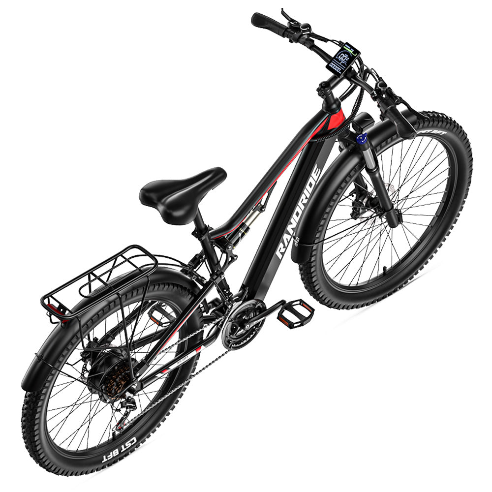 RANDRIDE YG90B Electric Bike 1000W Motor 45km/h Max Speed 48V 17Ah Removable battery 80-90KM Max Range 27.5*2.4&#39;&#39; CST Tires 120kg Load Shimano 21 Gears Hydraulic brake - Black &amp; Red