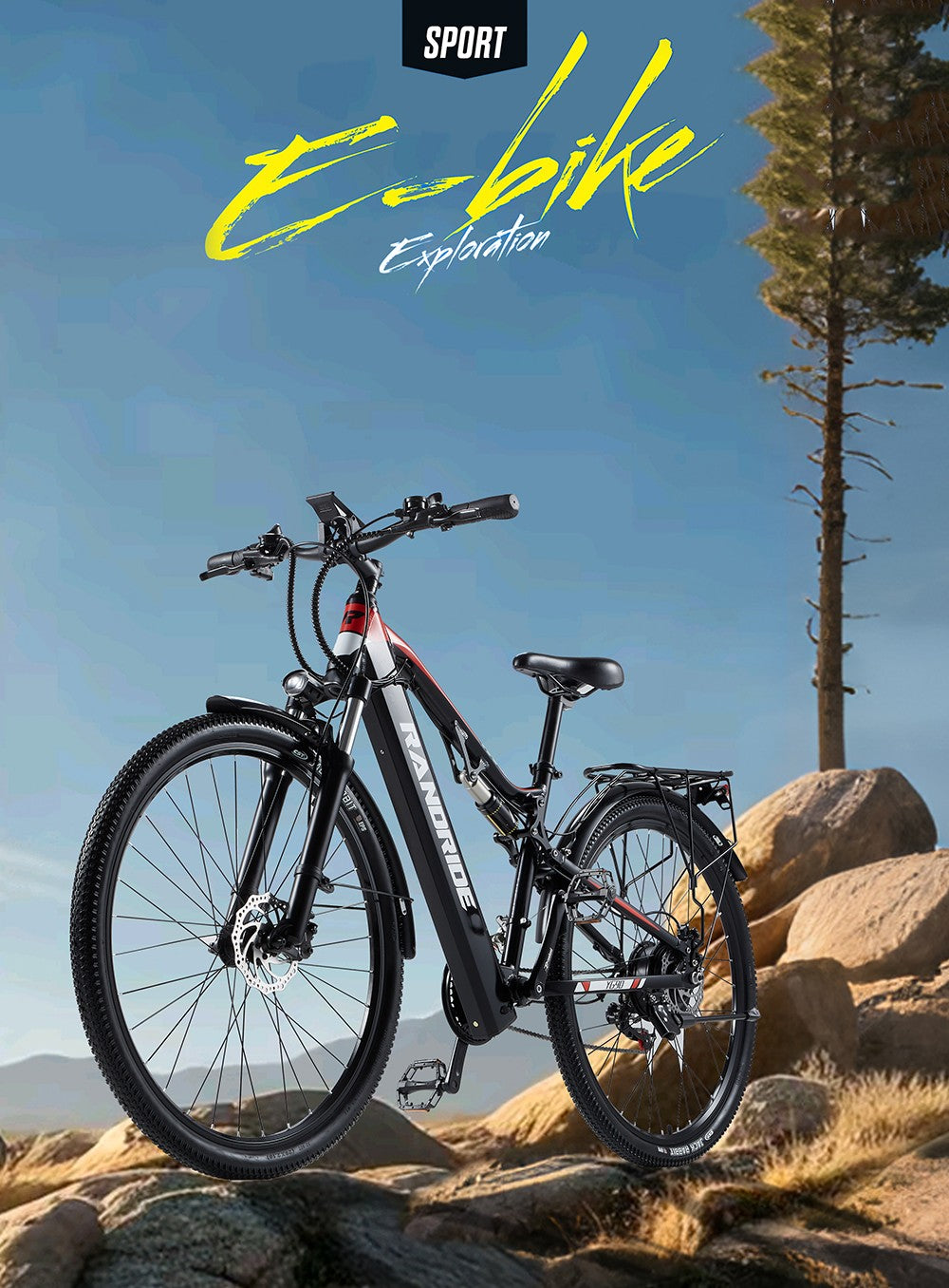 Elektrokolo RANDRIDE YG90B-29, motor 1000 W, baterie 48 V 17 Ah, pneumatiky 29 x 2,1 palce, maximální rychlost 45 km/h, dojezd 40–50 km, hydraulická kotoučová brzda, zadní tlumič, řazení Shimano 21 rychlostí