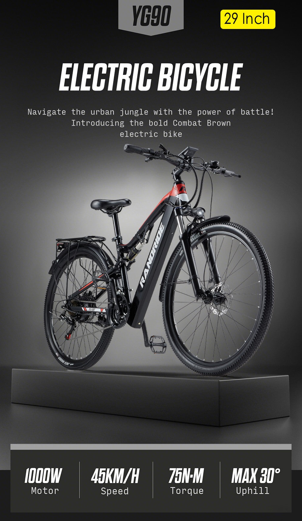 Elektrokolo RANDRIDE YG90B-29, motor 1000 W, baterie 48 V 17 Ah, pneumatiky 29 x 2,1 palce, maximální rychlost 45 km/h, dojezd 40–50 km, hydraulická kotoučová brzda, zadní tlumič, řazení Shimano 21 rychlostí
