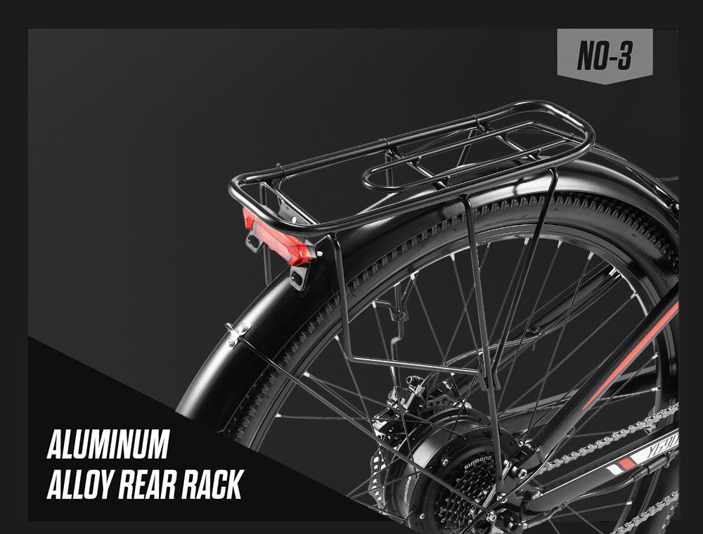 Elektrokolo RANDRIDE YG90B-29, motor 1000 W, baterie 48 V 17 Ah, pneumatiky 29 x 2,1 palce, maximální rychlost 45 km/h, dojezd 40–50 km, hydraulická kotoučová brzda, zadní tlumič, řazení Shimano 21 rychlostí