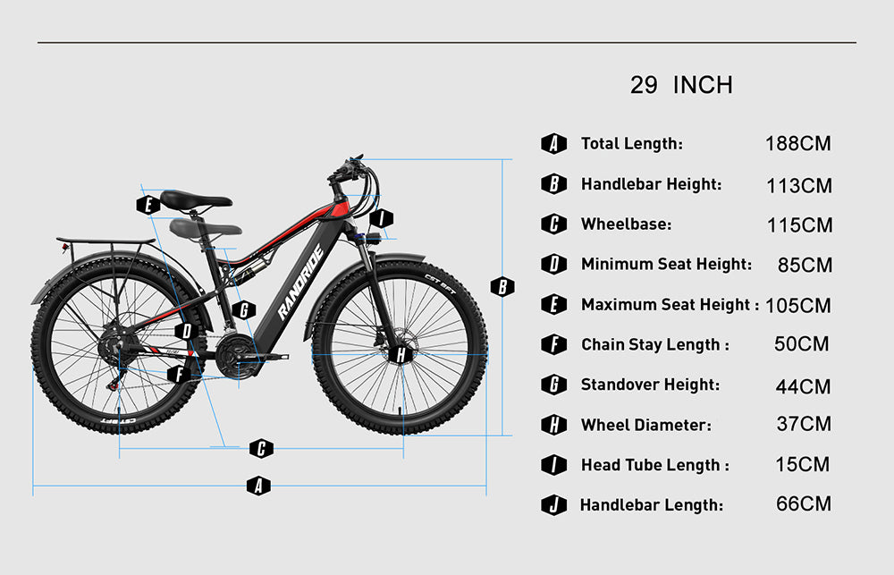 Elektrokolo RANDRIDE YG90B-29, motor 1000 W, baterie 48 V 17 Ah, pneumatiky 29 x 2,1 palce, maximální rychlost 45 km/h, dojezd 40–50 km, hydraulická kotoučová brzda, zadní tlumič, řazení Shimano 21 rychlostí
