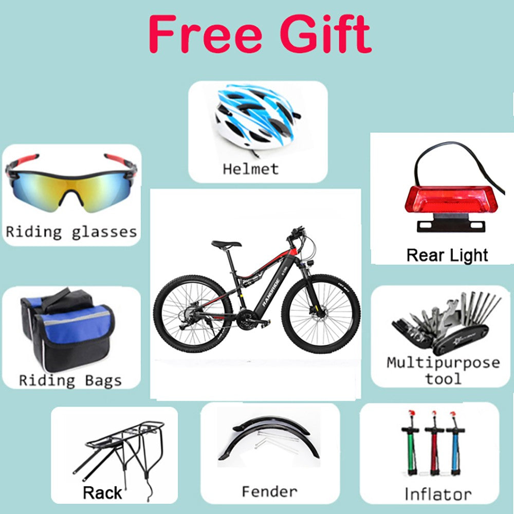 Elektrokolo RANDRIDE YG90B-29, motor 1000 W, baterie 48 V 17 Ah, pneumatiky 29 x 2,1 palce, maximální rychlost 45 km/h, dojezd 40–50 km, hydraulická kotoučová brzda, zadní tlumič, řazení Shimano 21 rychlostí