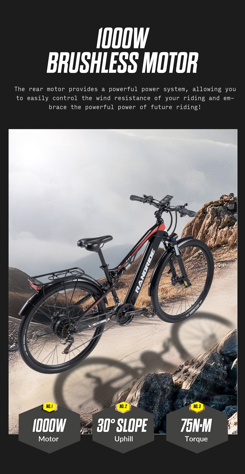 Elektrokolo RANDRIDE YG90B-29, motor 1000 W, baterie 48 V 17 Ah, pneumatiky 29 x 2,1 palce, maximální rychlost 45 km/h, dojezd 40–50 km, hydraulická kotoučová brzda, zadní tlumič, řazení Shimano 21 rychlostí