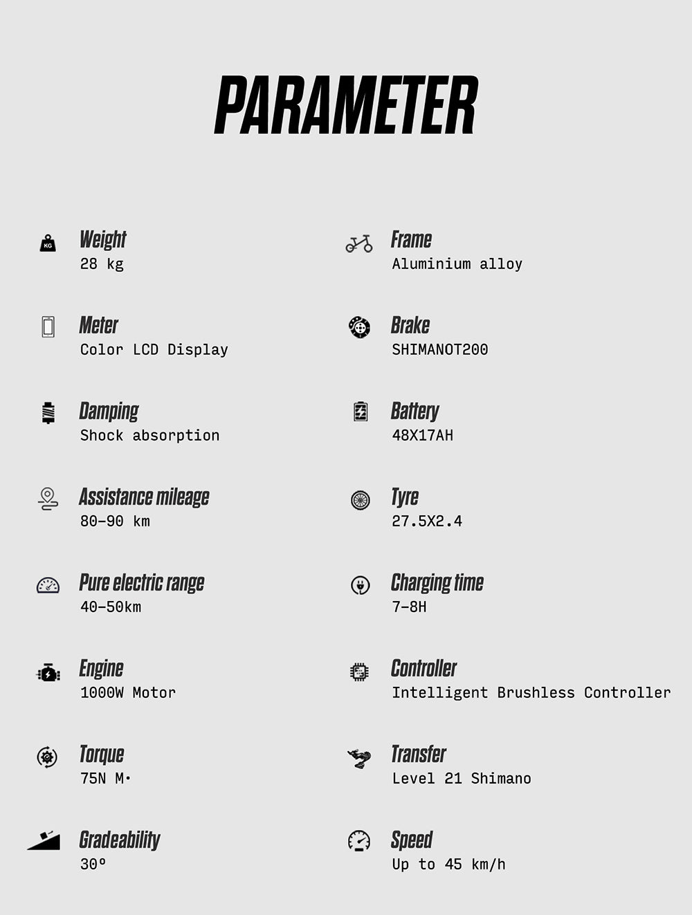 Elektrické kolo RANDRIDE YG90B, motor 1000 W, maximální rychlost 45 km/h, vyjímatelná baterie 48 V, dojezd 80–90 km, pneumatiky CST 27,5*2,4 palce, nosnost 120 kg, převodovka Shimano 21, hydraulická brzda – černo-červená