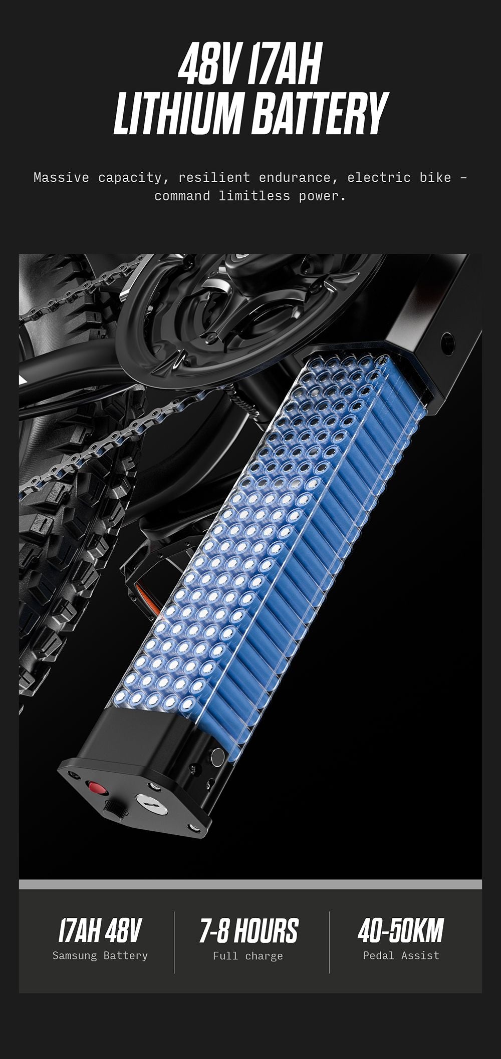 Elektrické kolo RANDRIDE YG90B, motor 1000 W, maximální rychlost 45 km/h, vyjímatelná baterie 48 V, dojezd 80–90 km, pneumatiky CST 27,5*2,4 palce, nosnost 120 kg, převodovka Shimano 21, hydraulická brzda – černo-červená