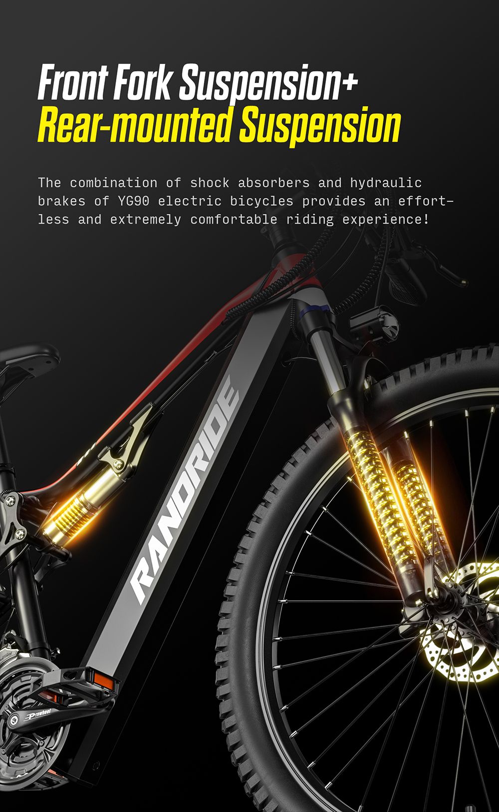 Elektrické kolo RANDRIDE YG90B, motor 1000 W, maximální rychlost 45 km/h, vyjímatelná baterie 48 V, dojezd 80–90 km, pneumatiky CST 27,5*2,4 palce, nosnost 120 kg, převodovka Shimano 21, hydraulická brzda – černo-červená