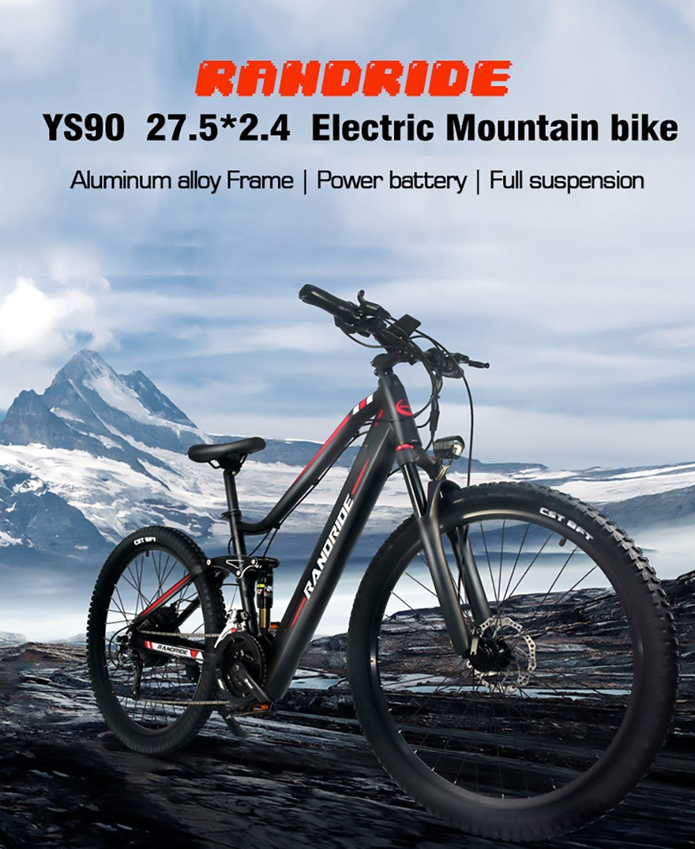 Elektrokolo RANDRIDE YS90, motor 1000 W, maximální rychlost 45 km/h, baterie 48 V 13,6 Ah, dojezd 60–70 km, pneumatiky 27,5*2,4 palce, nosnost 150 kg, hydraulické kotoučové brzdy SHIMANO MicroNew, 27 převodů