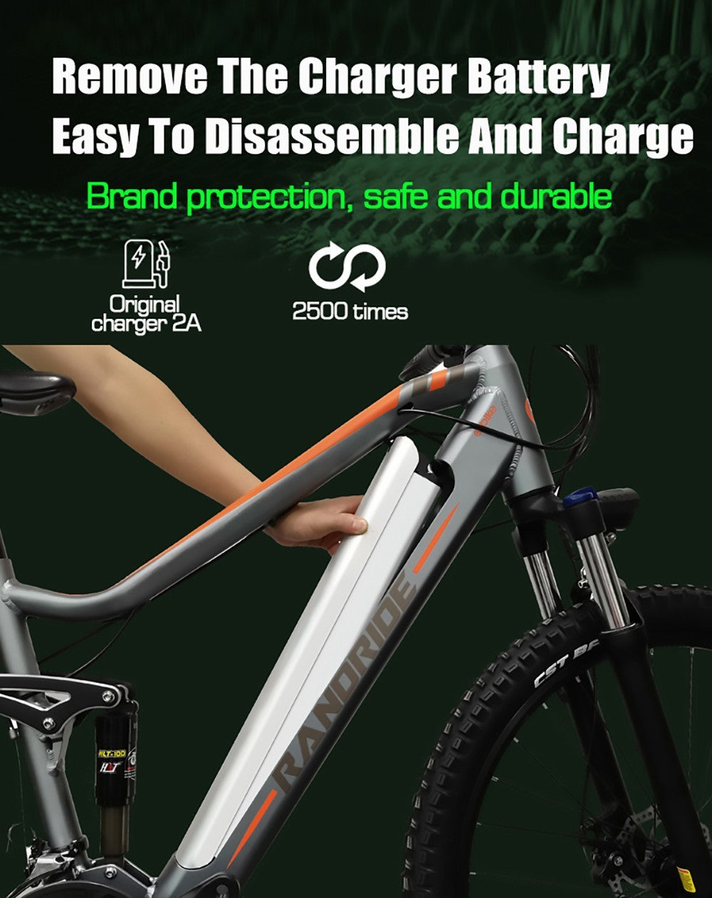 Elektrokolo RANDRIDE YS90, motor 1000 W, maximální rychlost 45 km/h, baterie 48 V 13,6 Ah, dojezd 60–70 km, pneumatiky 27,5*2,4 palce, nosnost 150 kg, hydraulické kotoučové brzdy SHIMANO MicroNew, 27 převodů