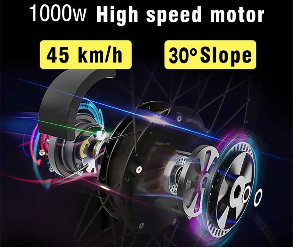 Elektrokolo RANDRIDE YS90, motor 1000 W, maximální rychlost 45 km/h, baterie 48 V 13,6 Ah, dojezd 60–70 km, pneumatiky 27,5*2,4 palce, nosnost 150 kg, hydraulické kotoučové brzdy SHIMANO MicroNew, 27 převodů