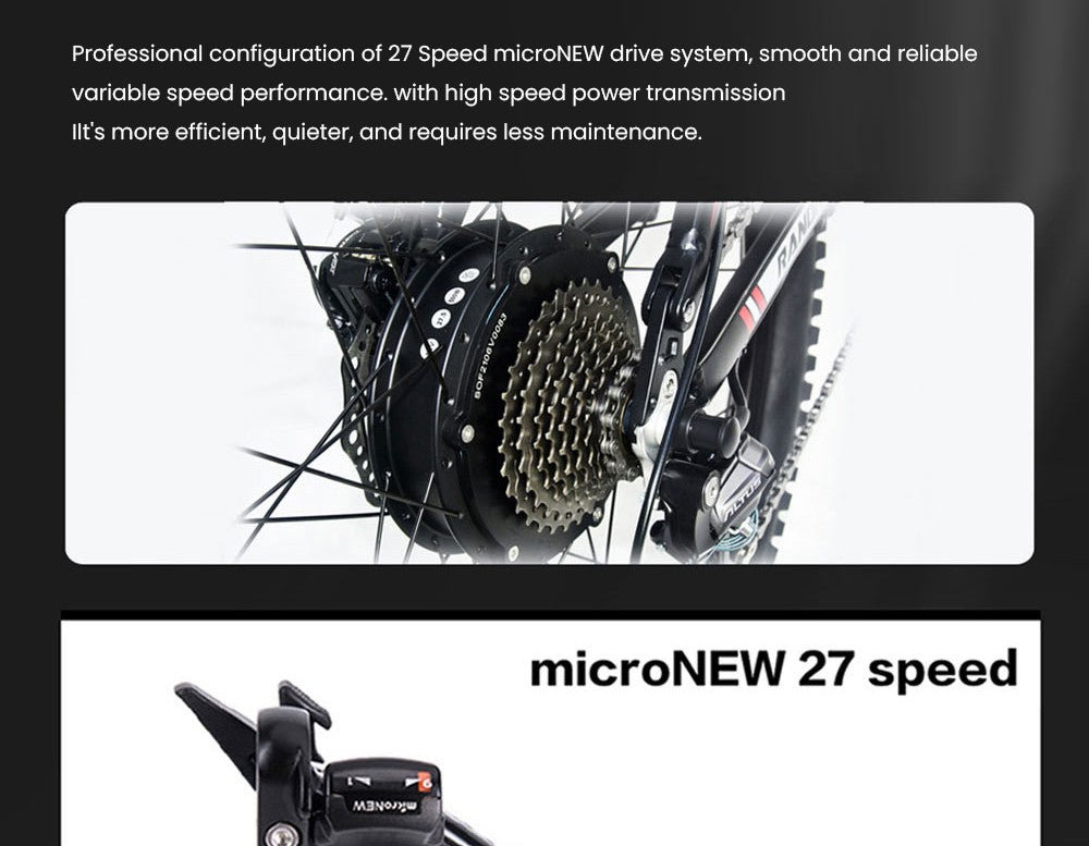 Elektrokolo RANDRIDE YS90, motor 1000 W, maximální rychlost 45 km/h, baterie 48 V 13,6 Ah, dojezd 60–70 km, pneumatiky 27,5*2,4 palce, nosnost 150 kg, hydraulické kotoučové brzdy SHIMANO MicroNew, 27 převodů