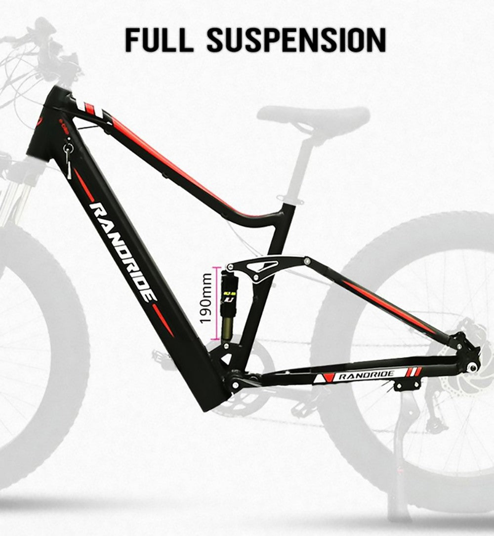 Elektrokolo RANDRIDE YS90, motor 1000 W, maximální rychlost 45 km/h, baterie 48 V 13,6 Ah, dojezd 60–70 km, pneumatiky 27,5*2,4 palce, nosnost 150 kg, hydraulické kotoučové brzdy SHIMANO MicroNew, 27 převodů