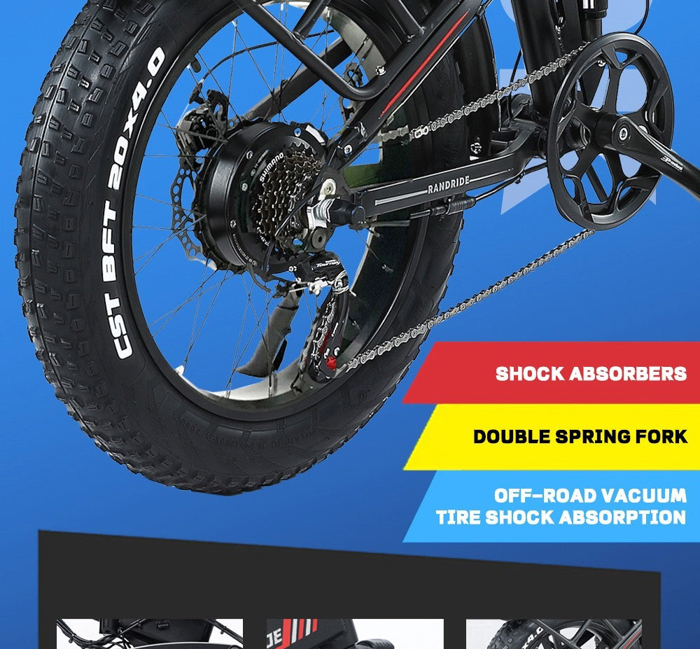 Elektrokolo RANDRIDE YX20, motor 1000 W, maximální rychlost 45 km/h, baterie 48 V 17 Ah, maximální dojezd 80–90 km, 20 tlustých pneumatik o rozměrech 4,0 palce, nosnost 150 kg, řazení Shimano 7 rychlostí