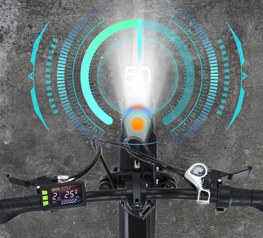 Elektrokolo RANDRIDE YX20, motor 1000 W, maximální rychlost 45 km/h, baterie 48 V 17 Ah, maximální dojezd 80–90 km, 20 tlustých pneumatik o rozměrech 4,0 palce, nosnost 150 kg, řazení Shimano 7 rychlostí