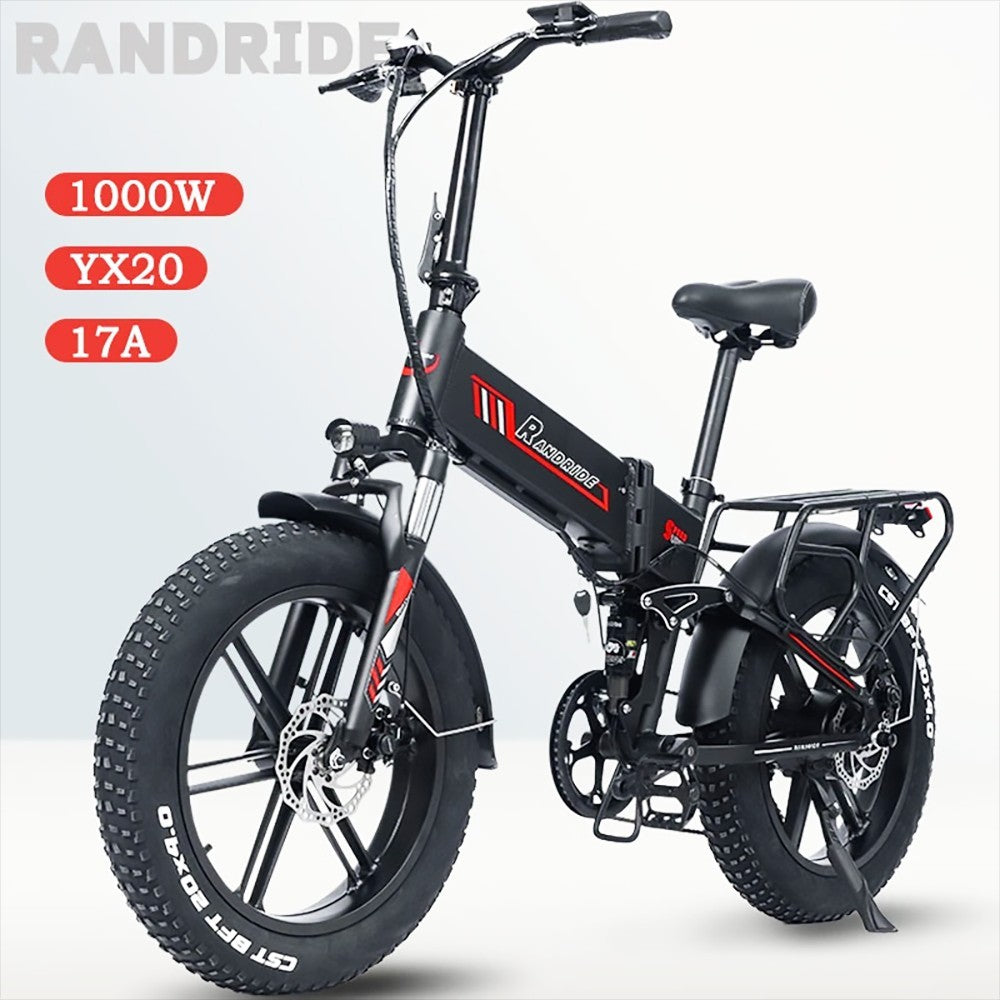 Elektrokolo RANDRIDE YX20, motor 1000 W, maximální rychlost 45 km/h, baterie 48 V 17 Ah, maximální dojezd 80–90 km, 20 tlustých pneumatik o rozměrech 4,0 palce, nosnost 150 kg, řazení Shimano 7 rychlostí
