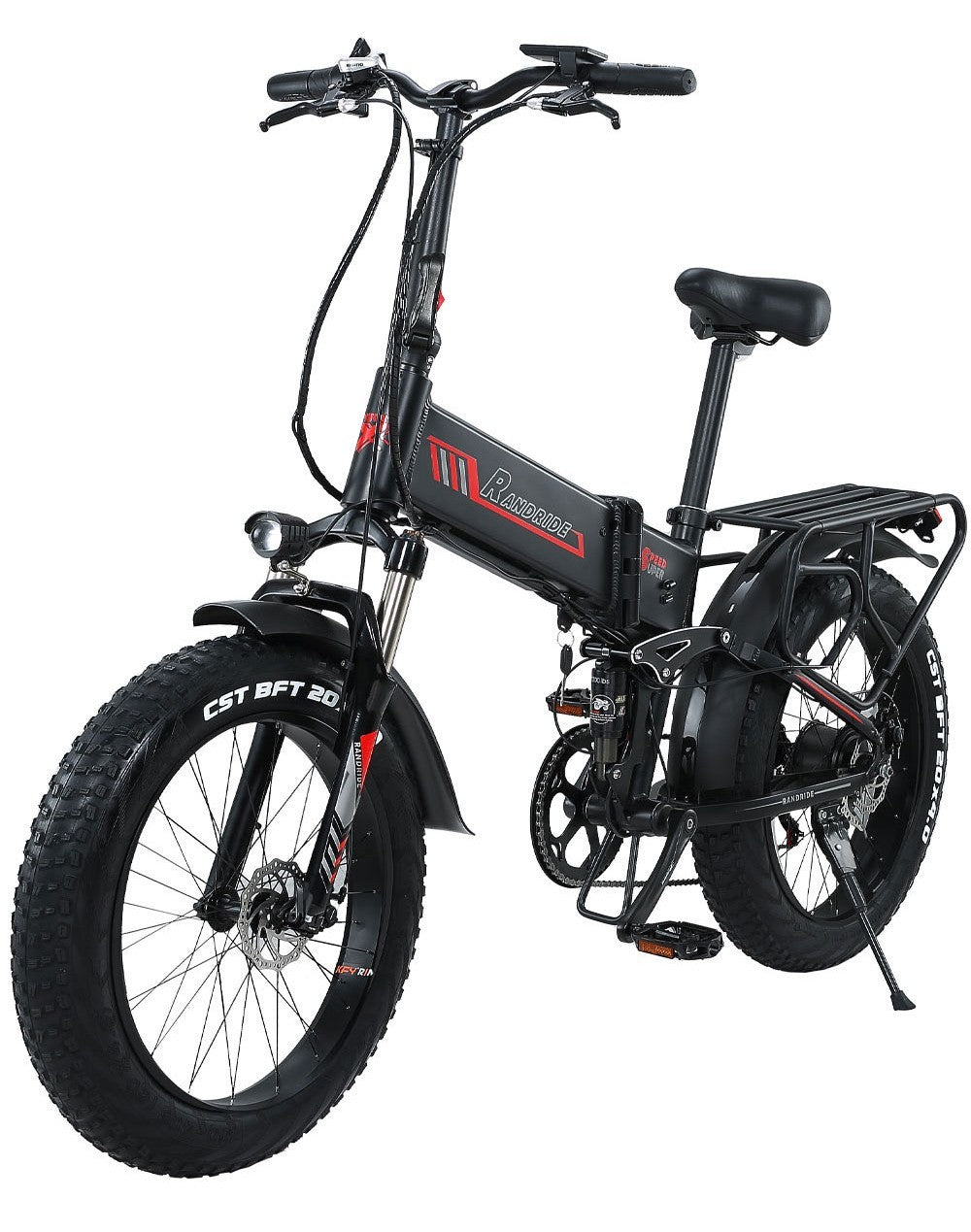 Elektrokolo RANDRIDE YX20, motor 1000 W, maximální rychlost 45 km/h, baterie 48 V 17 Ah, maximální dojezd 80–90 km, 20 tlustých pneumatik o rozměrech 4,0 palce, nosnost 150 kg, řazení Shimano 7 rychlostí