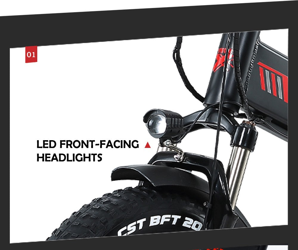 Elektrokolo RANDRIDE YX20, motor 1000 W, maximální rychlost 45 km/h, baterie 48 V 17 Ah, maximální dojezd 80–90 km, 20 tlustých pneumatik o rozměrech 4,0 palce, nosnost 150 kg, řazení Shimano 7 rychlostí