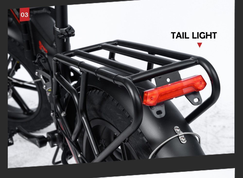 Elektrokolo RANDRIDE YX20, motor 1000 W, maximální rychlost 45 km/h, baterie 48 V 17 Ah, maximální dojezd 80–90 km, 20 tlustých pneumatik o rozměrech 4,0 palce, nosnost 150 kg, řazení Shimano 7 rychlostí