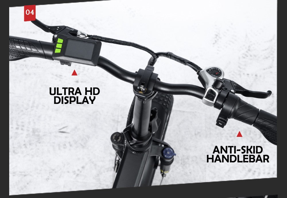 Elektrokolo RANDRIDE YX20, motor 1000 W, maximální rychlost 45 km/h, baterie 48 V 17 Ah, maximální dojezd 80–90 km, 20 tlustých pneumatik o rozměrech 4,0 palce, nosnost 150 kg, řazení Shimano 7 rychlostí