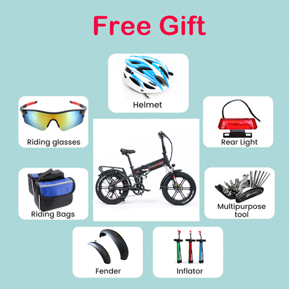 Elektrokolo RANDRIDE YX20, motor 1000 W, maximální rychlost 45 km/h, baterie 48 V 17 Ah, maximální dojezd 80–90 km, 20 tlustých pneumatik o rozměrech 4,0 palce, nosnost 150 kg, řazení Shimano 7 rychlostí