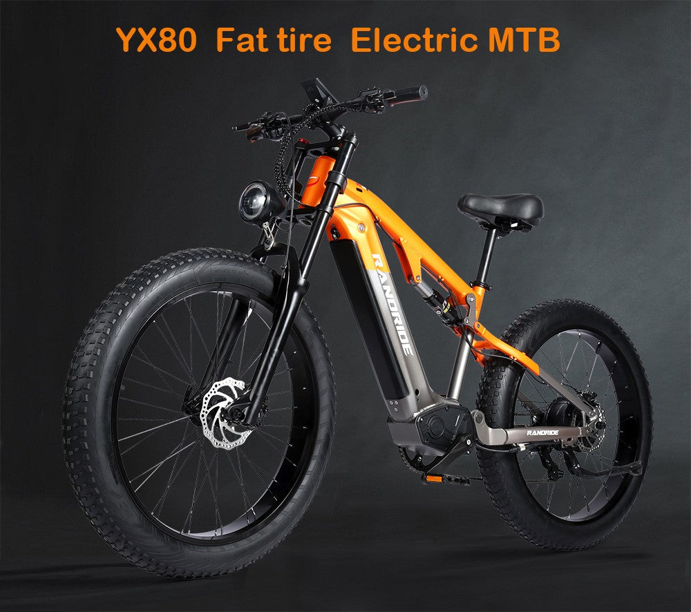 Elektrokolo RANDRIDE YX80, bezkartáčový motor 1500 W, baterie 48 V 20 Ah, tlusté pneumatiky CST 26 x 4,0", maximální rychlost 50 km/h, maximální dojezd 124 km, zadní tlumič, hydraulické brzdy Shimano, řazení Shimano 7 rychlostí, LCD displej