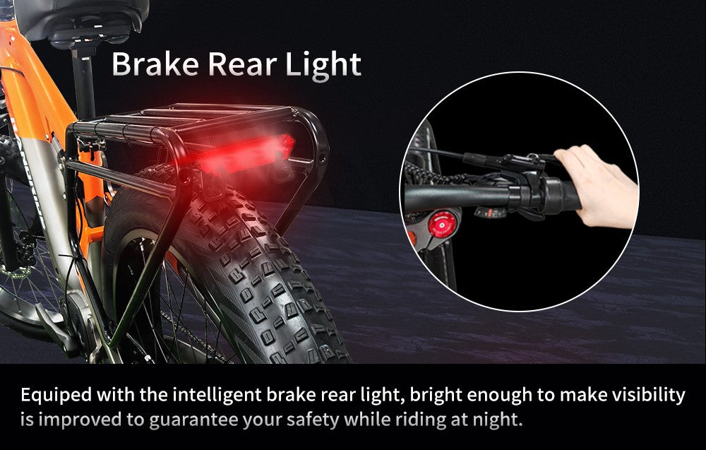 Elektrokolo RANDRIDE YX80, bezkartáčový motor 1500 W, baterie 48 V 20 Ah, tlusté pneumatiky CST 26 x 4,0", maximální rychlost 50 km/h, maximální dojezd 124 km, zadní tlumič, hydraulické brzdy Shimano, řazení Shimano 7 rychlostí, LCD displej