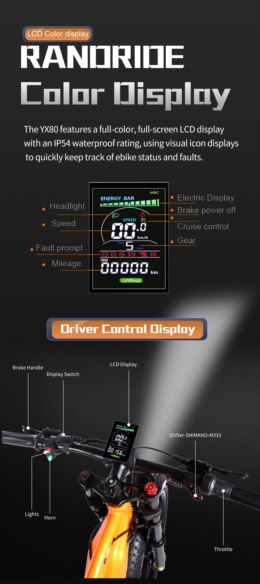 Elektrokolo RANDRIDE YX80, bezkartáčový motor 1500 W, baterie 48 V 20 Ah, tlusté pneumatiky CST 26 x 4,0", maximální rychlost 50 km/h, maximální dojezd 124 km, zadní tlumič, hydraulické brzdy Shimano, řazení Shimano 7 rychlostí, LCD displej