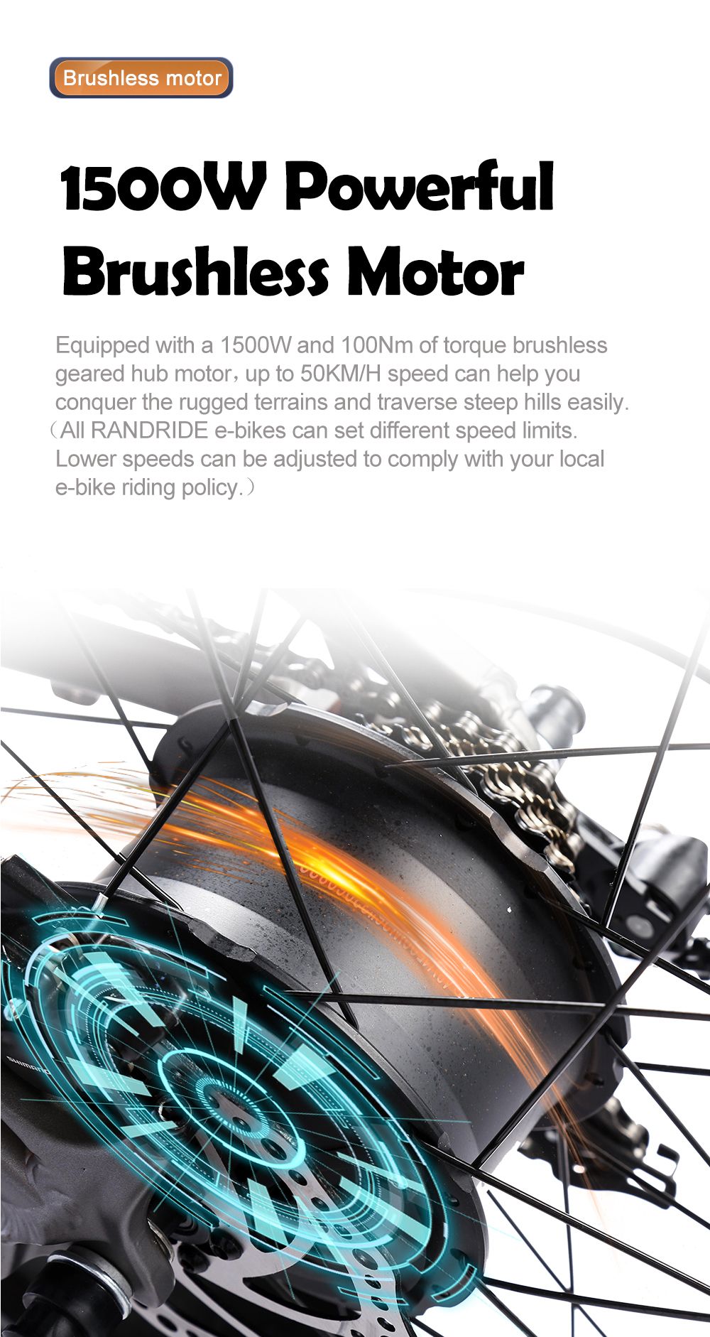 Elektrokolo RANDRIDE YX80, bezkartáčový motor 1500 W, baterie 48 V 20 Ah, tlusté pneumatiky CST 26 x 4,0", maximální rychlost 50 km/h, maximální dojezd 124 km, zadní tlumič, hydraulické brzdy Shimano, řazení Shimano 7 rychlostí, LCD displej