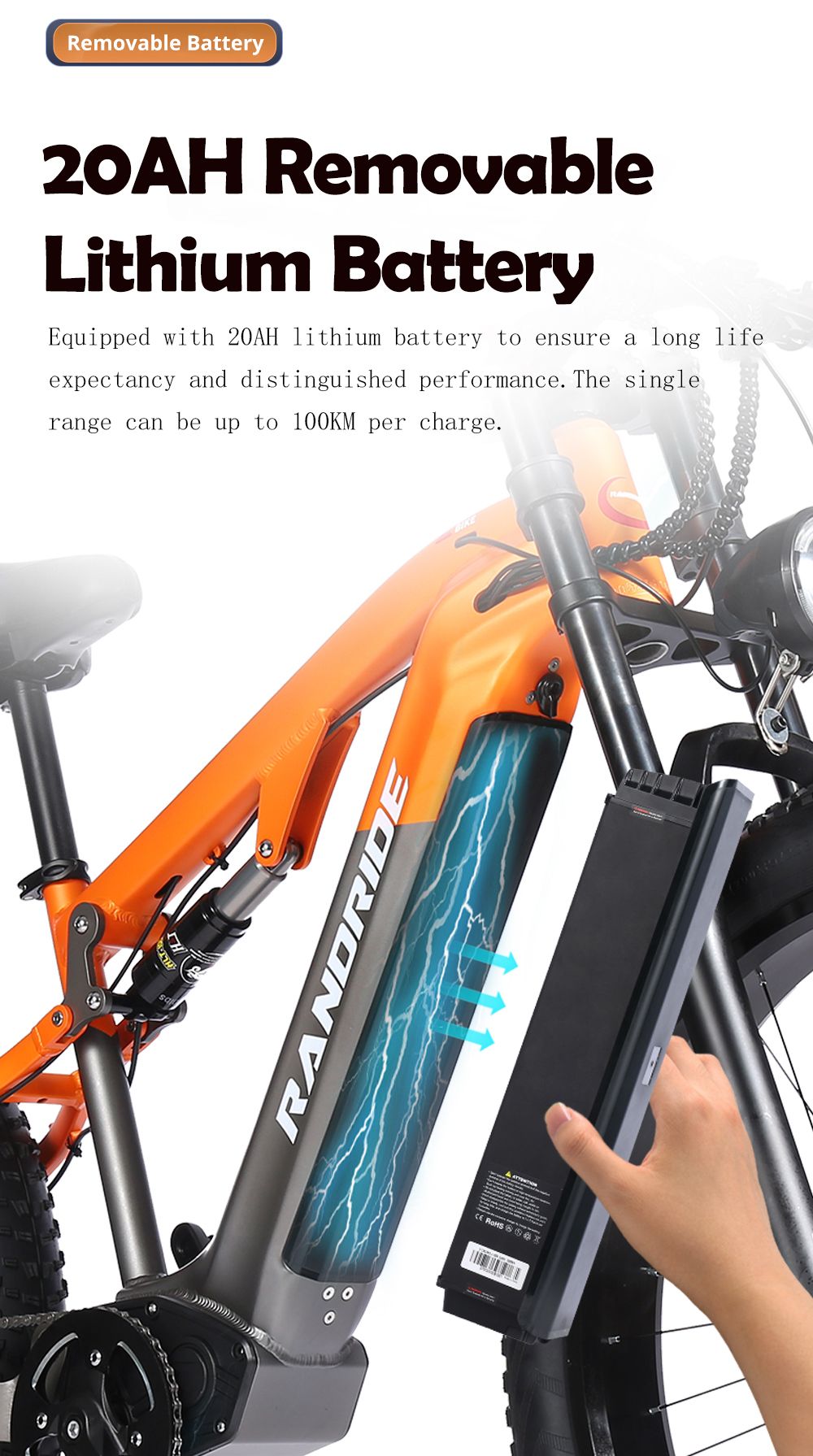 Elektrokolo RANDRIDE YX80, bezkartáčový motor 1500 W, baterie 48 V 20 Ah, tlusté pneumatiky CST 26 x 4,0", maximální rychlost 50 km/h, maximální dojezd 124 km, zadní tlumič, hydraulické brzdy Shimano, řazení Shimano 7 rychlostí, LCD displej