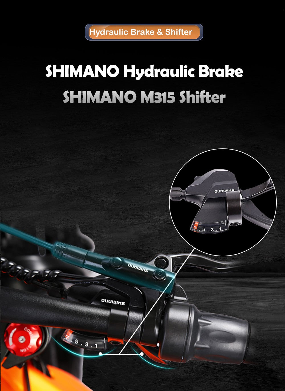Elektrokolo RANDRIDE YX80, bezkartáčový motor 1500 W, baterie 48 V 20 Ah, tlusté pneumatiky CST 26 x 4,0", maximální rychlost 50 km/h, maximální dojezd 124 km, zadní tlumič, hydraulické brzdy Shimano, řazení Shimano 7 rychlostí, LCD displej