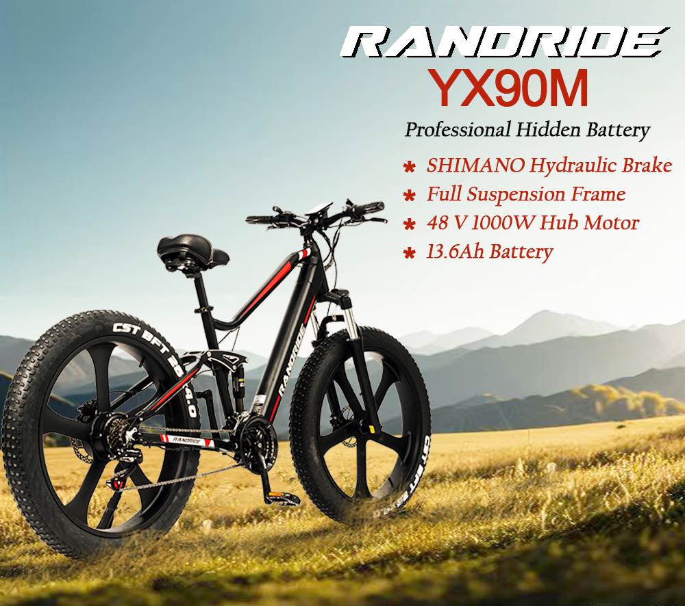 Elektrokolo RANDRIDE YX90M, 26" tlusté pneumatiky, bezkartáčový motor 1000 W, baterie 48 V 13,6 Ah, maximální rychlost 45 km/h, dojezd 100 km, LCD displej, hydraulické brzdy SHIMANO, celoodpružený rám