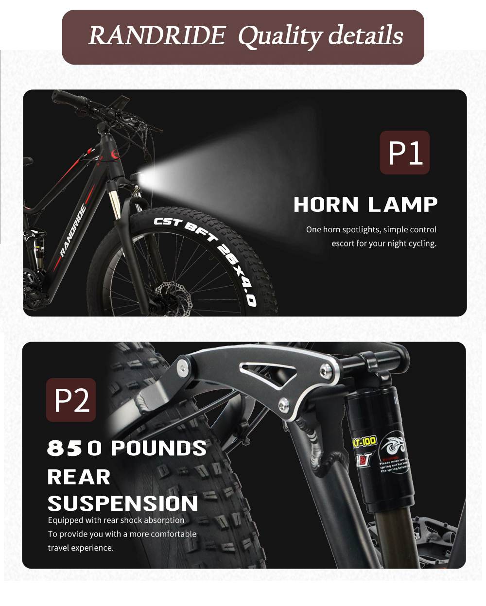 Elektrokolo RANDRIDE YX90M, 26" tlusté pneumatiky, bezkartáčový motor 1000 W, baterie 48 V 13,6 Ah, maximální rychlost 45 km/h, dojezd 100 km, LCD displej, hydraulické brzdy SHIMANO, celoodpružený rám