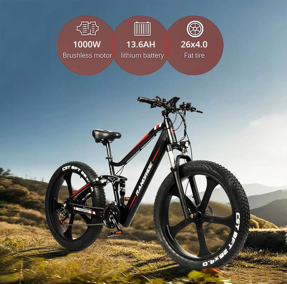 Elektrokolo RANDRIDE YX90M, 26" tlusté pneumatiky, bezkartáčový motor 1000 W, baterie 48 V 13,6 Ah, maximální rychlost 45 km/h, dojezd 100 km, LCD displej, hydraulické brzdy SHIMANO, celoodpružený rám