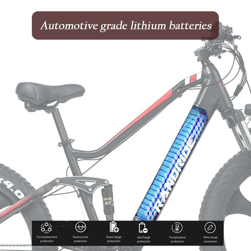 Elektrokolo RANDRIDE YX90M, 26" tlusté pneumatiky, bezkartáčový motor 1000 W, baterie 48 V 13,6 Ah, maximální rychlost 45 km/h, dojezd 100 km, LCD displej, hydraulické brzdy SHIMANO, celoodpružený rám