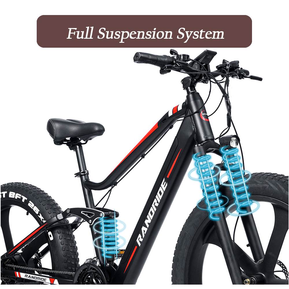 Elektrokolo RANDRIDE YX90M, 26" tlusté pneumatiky, bezkartáčový motor 1000 W, baterie 48 V 13,6 Ah, maximální rychlost 45 km/h, dojezd 100 km, LCD displej, hydraulické brzdy SHIMANO, celoodpružený rám