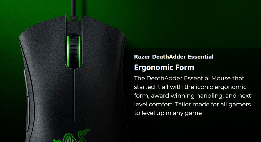 Herní myš Razer DeathAdder Essential, optický senzor 6400 DPI, 5 programovatelných tlačítek, mechanické spínače, gumové boční úchopy - černá