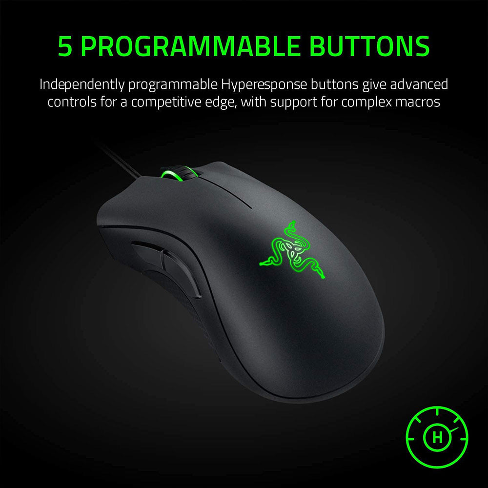 Herní myš Razer DeathAdder Essential, optický senzor 6400 DPI, 5 programovatelných tlačítek, mechanické spínače, gumové boční úchopy - černá