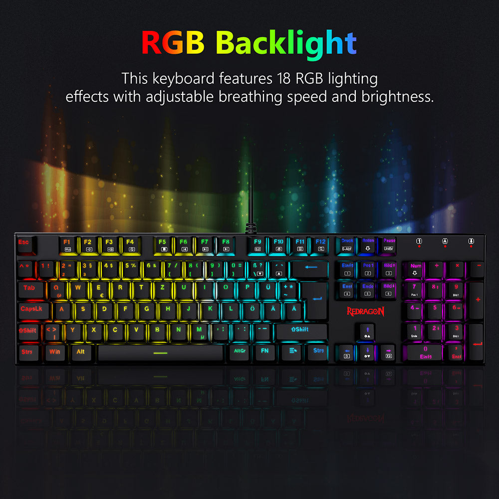 Mechanická klávesnice Redragon K565-RGB s 105 klávesami, RGB podsvícení, německé rozložení, hliníková základna, červené spínače - černá