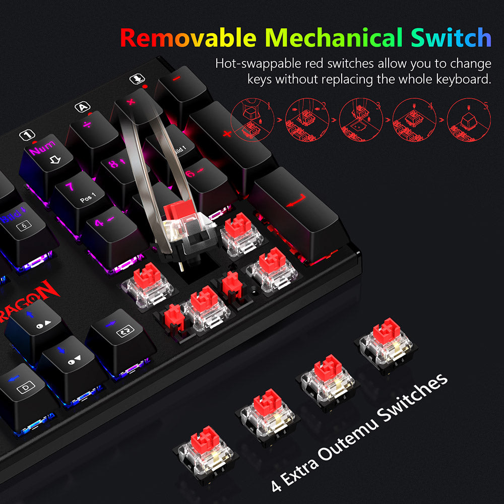 Mechanická klávesnice Redragon K565-RGB s 105 klávesami, RGB podsvícení, německé rozložení, hliníková základna, červené spínače - černá