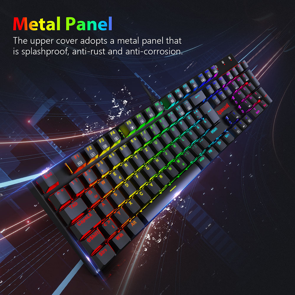 Mechanická klávesnice Redragon K565-RGB s 105 klávesami, RGB podsvícení, německé rozložení, hliníková základna, červené spínače - černá