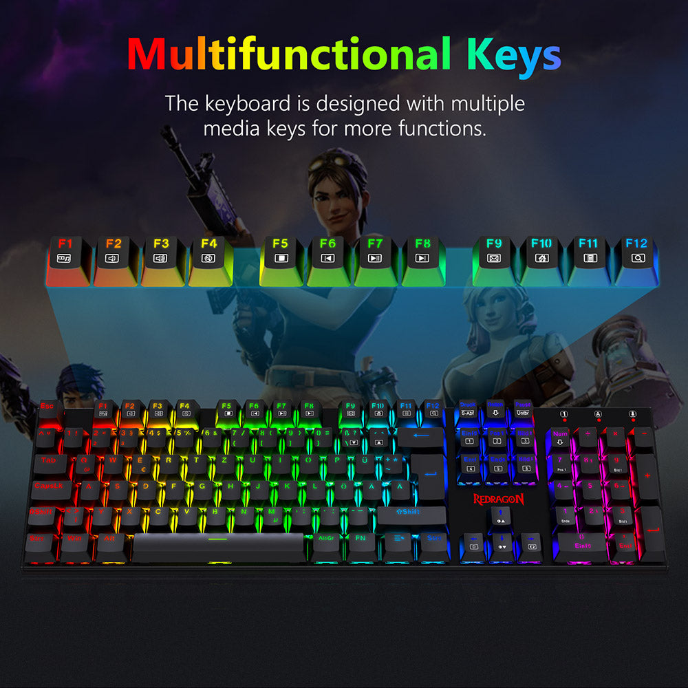 Mechanická klávesnice Redragon K565-RGB s 105 klávesami, RGB podsvícení, německé rozložení, hliníková základna, červené spínače - černá