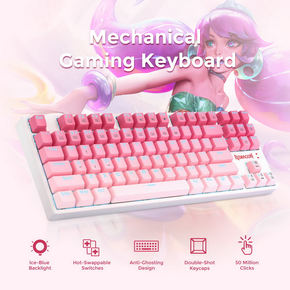 Redragon K576W-GP DAKSA TKL Drátová mechanická klávesnice 87 kláves Gradient PBT krytka s červenými spínači - růžová