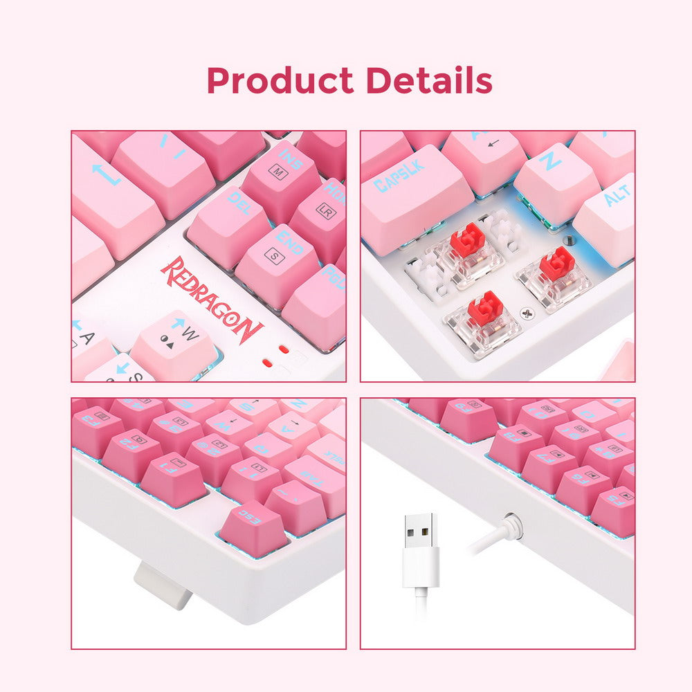 Redragon K576W-GP DAKSA TKL Drátová mechanická klávesnice 87 kláves Gradient PBT krytka s červenými spínači - růžová
