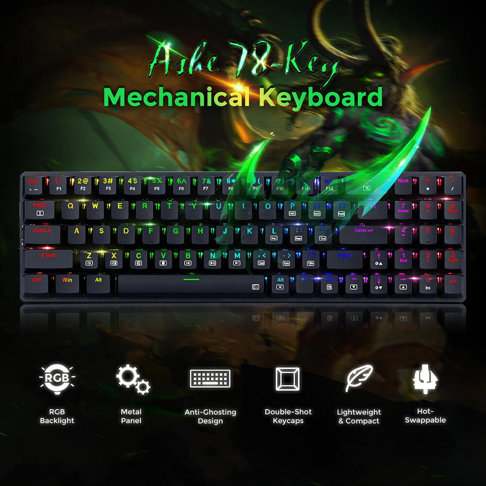 Redragon K626P-KB Ashe 78 kláves drátová RGB kompaktní mechanická klávesnice ultratenká s numerickou klávesnicí modrý spínač - černá