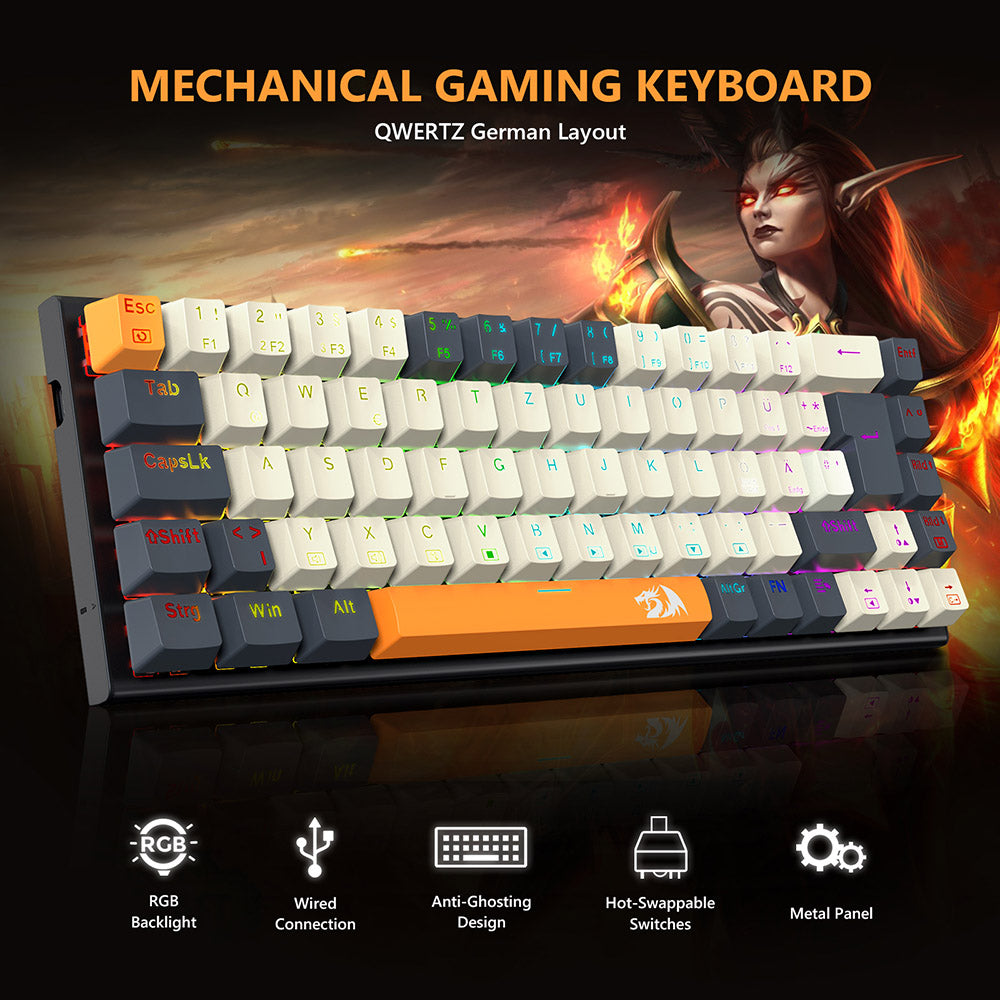 Herní mechanická klávesnice Redragon QWERTZ s německým rozložením kláves K633CGO-RGB Ryze, 68 kláves, červené spínače, RGB podsvícení, kovový panel, kabelové připojení USB-C, mechanické spínače vyměnitelné za provozu, programovatelné klávesy s barevnými PBT krytkami a 4 extra externími spínači.