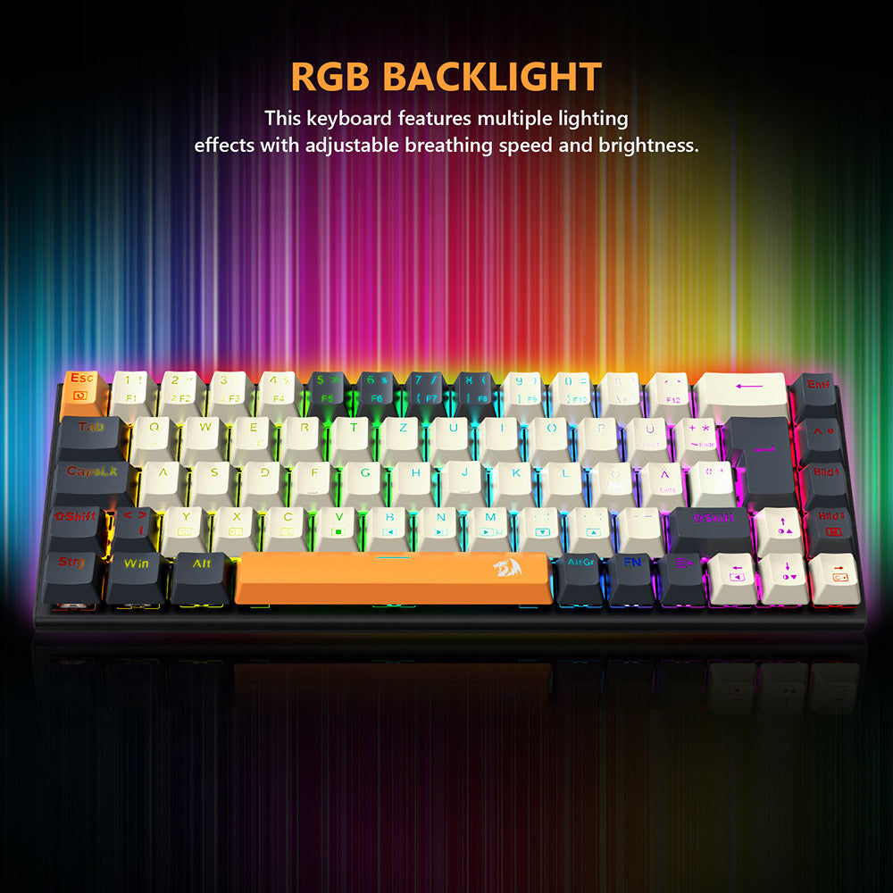 Herní mechanická klávesnice Redragon QWERTZ s německým rozložením kláves K633CGO-RGB Ryze, 68 kláves, červené spínače, RGB podsvícení, kovový panel, kabelové připojení USB-C, mechanické spínače vyměnitelné za provozu, programovatelné klávesy s barevnými PBT krytkami a 4 extra externími spínači.