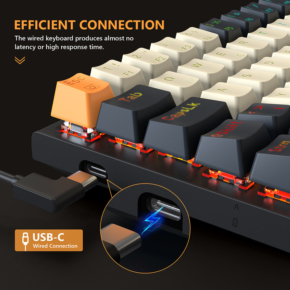 Herní mechanická klávesnice Redragon QWERTZ s německým rozložením kláves K633CGO-RGB Ryze, 68 kláves, červené spínače, RGB podsvícení, kovový panel, kabelové připojení USB-C, mechanické spínače vyměnitelné za provozu, programovatelné klávesy s barevnými PBT krytkami a 4 extra externími spínači.