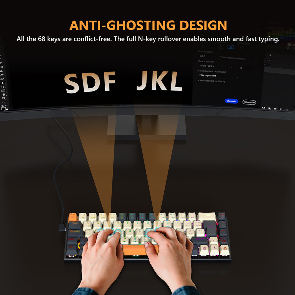 Herní mechanická klávesnice Redragon QWERTZ s německým rozložením kláves K633CGO-RGB Ryze, 68 kláves, červené spínače, RGB podsvícení, kovový panel, kabelové připojení USB-C, mechanické spínače vyměnitelné za provozu, programovatelné klávesy s barevnými PBT krytkami a 4 extra externími spínači.